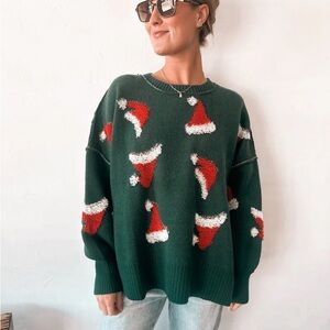 NWOT Forest Green Holiday Sweater with Red Santa Hats